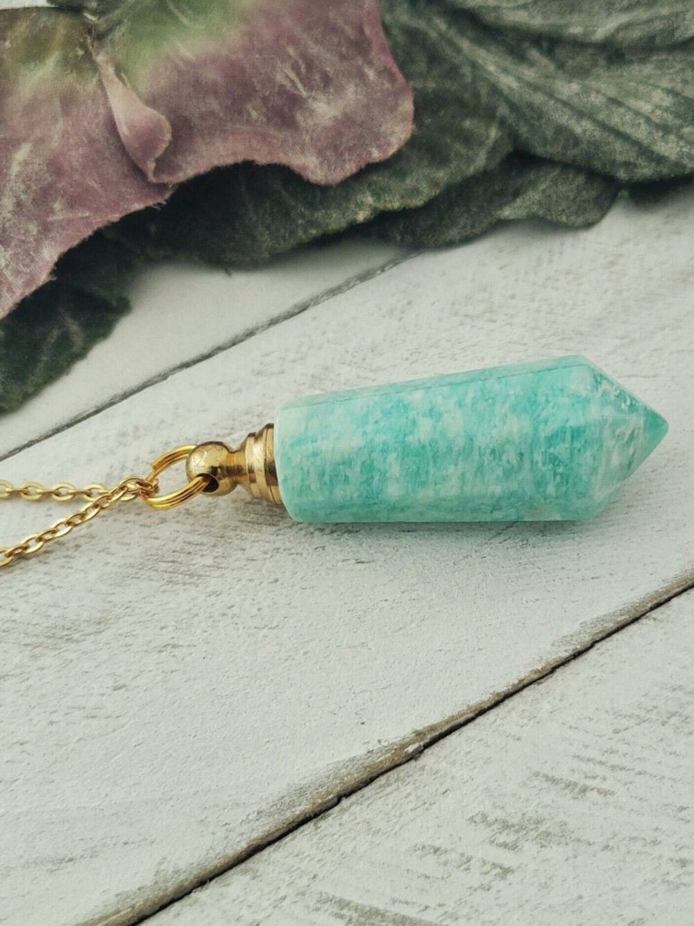 Amazonite Crystal Vial Pendant Aqua Necklace Perfume Refillable Essential Oil